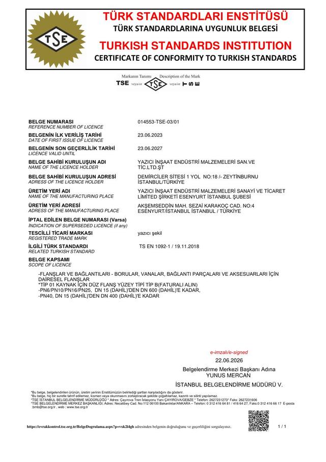 TS EN 1092-1 belgesi