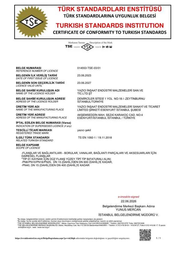 TS EN 1092-1 belgesi