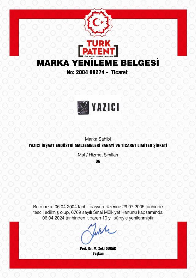 YAZICI Marka Tescil Belgesi